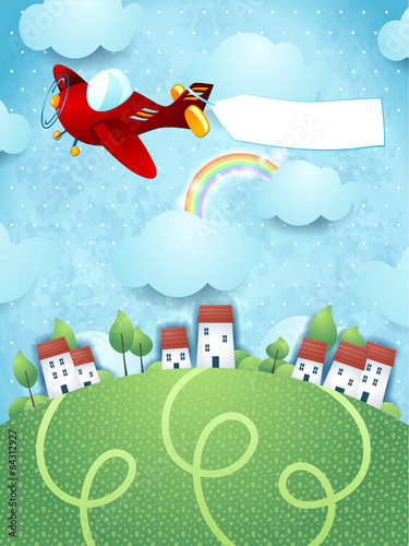 Fantasy landscape with plane and banner