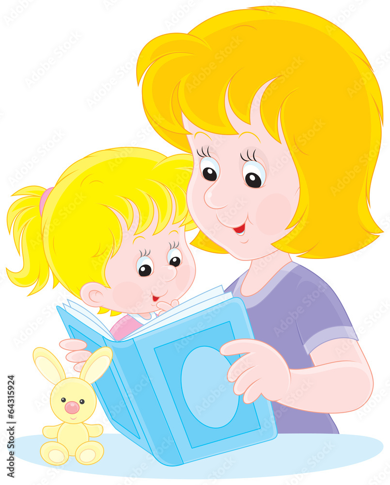 Mother reads a book to her infant daughter Mother reads a book to her infant daughter