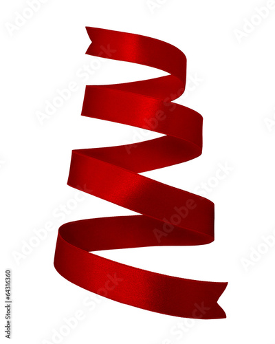 Twisted red satin ribbon isolated on white background