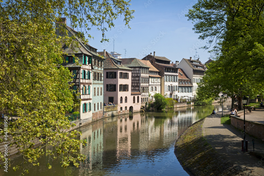 Water canal on Grand Ile island in center of Strasbourg, France