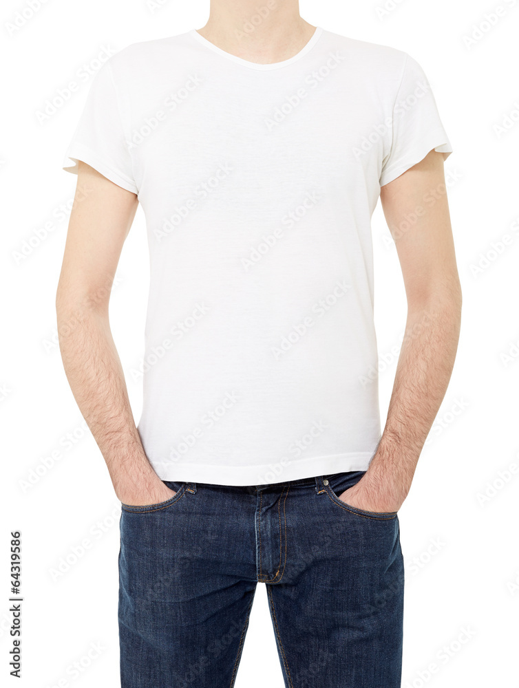 White t-shirt on man on white, clipping path White t-shirt on man on white, clipping path