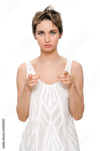 woman pointing her finger at you