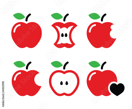 Red apple  apple core  bitten  half vector icons