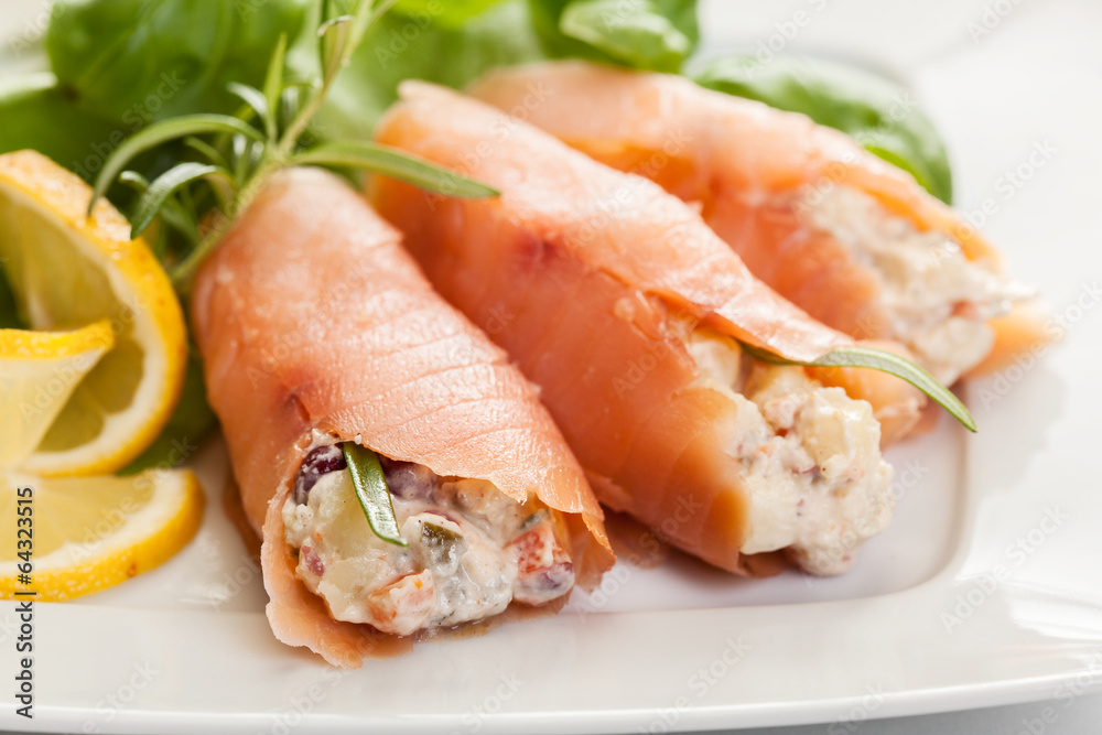 Smoked salmon roll with vegetable salad Smoked salmon roll with vegetable salad