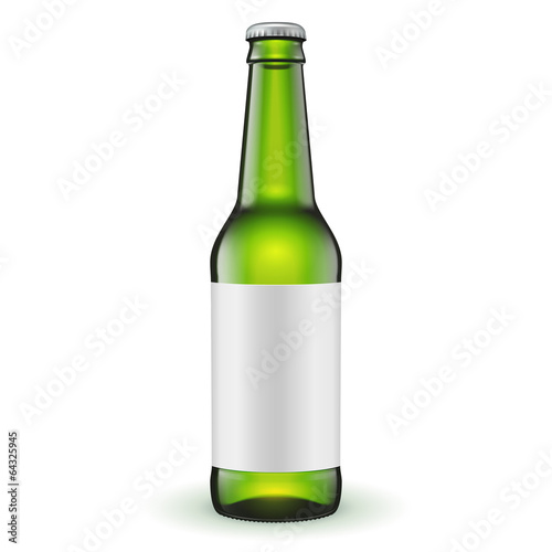 Glass Beer Green Bottle With Label On White Background
