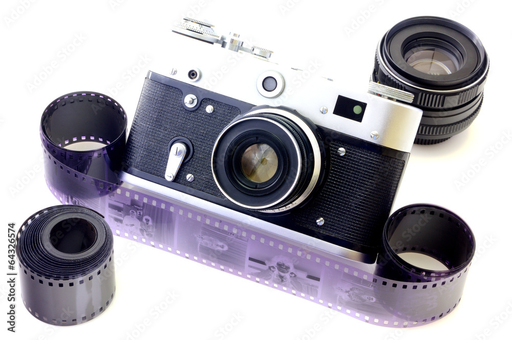Retro camera and tape isolated on white