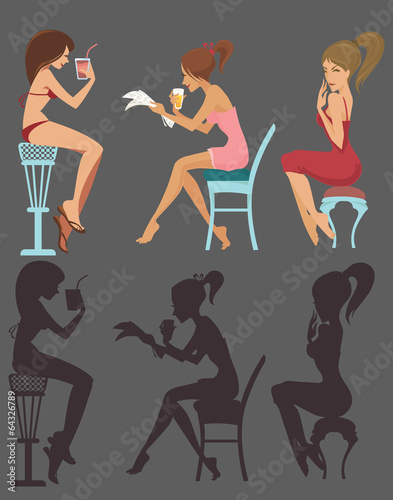 cartoon sitting and drinking girls, vector collection