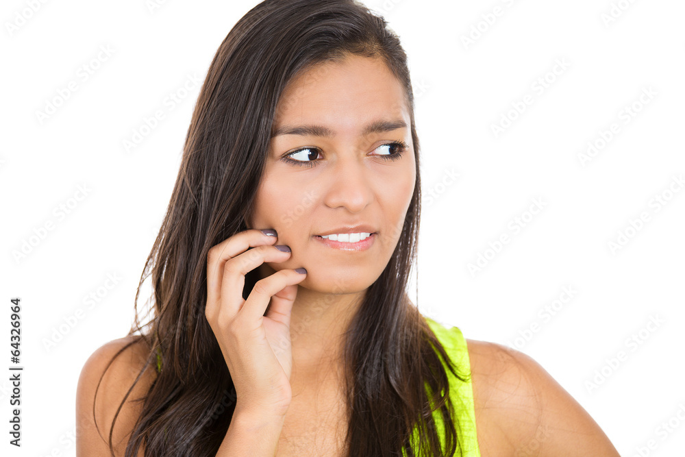 Headshot stressed anxious woman thinking on white background Headshot stressed anxious woman thinking on white background
