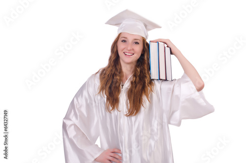 Graduate girl with books isolated on white