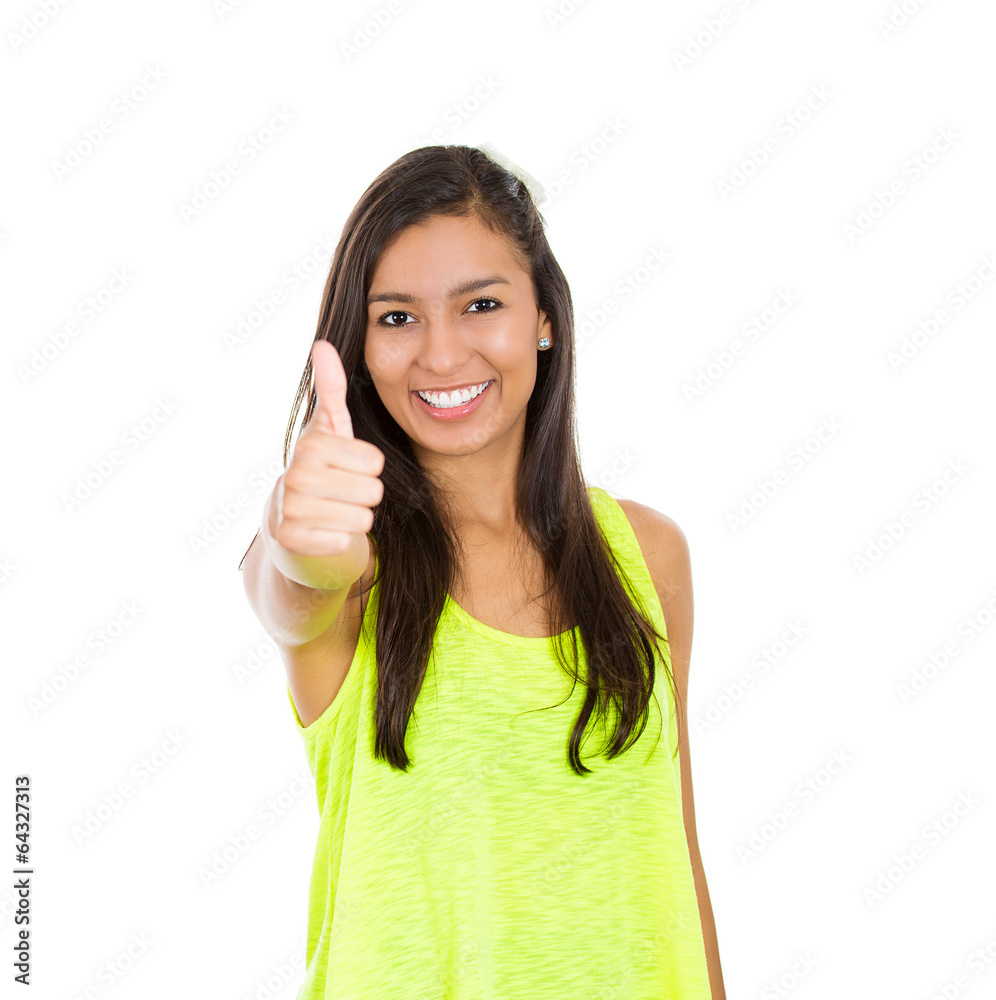 winner, happy young woman showing thumbs up white background winner, happy young woman showing thumbs up white background