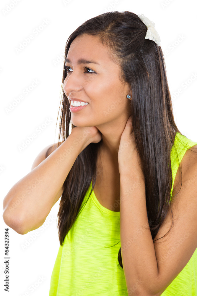 Headshot young woman with neck pain isolated white background Headshot young woman with neck pain isolated white background