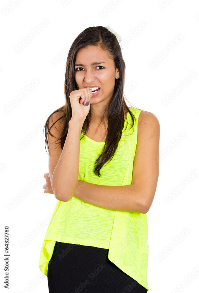 Anxious, scared woman with finger in mouth, biting nails Anxious, scared woman with finger in mouth, biting nails