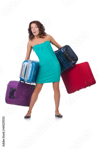 Woman preparing for vacation with suitcases isolated on white