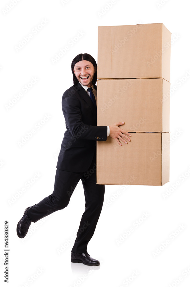 Funny man with boxes on white Funny man with boxes on white