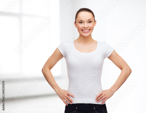 smiling woman in blank white t-shirt