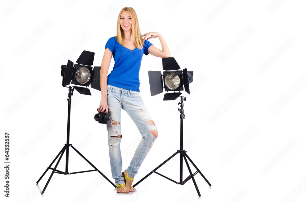 Woman with camera isolated on the white