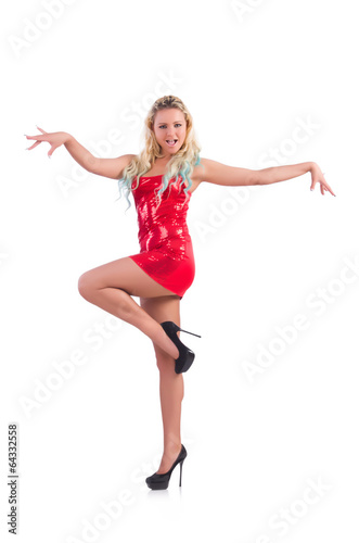 Woman dancing in red dress isolated on white