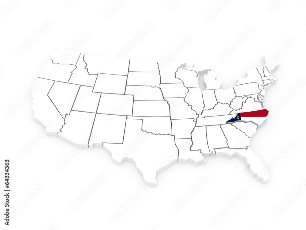 Three-dimensional map of North Carolina. USA.