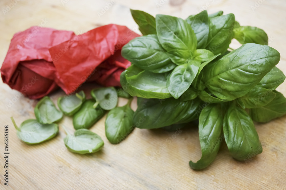 Basil leaves on wood Basil leaves on wood