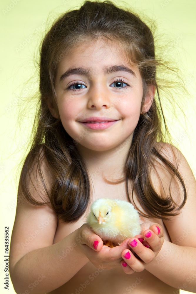 little girl and yellow chick little girl and yellow chick