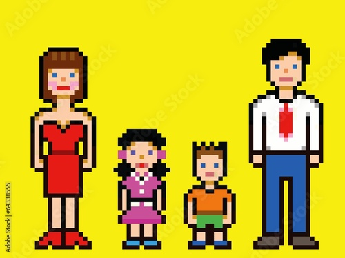 Pixel art happy family video game style vector