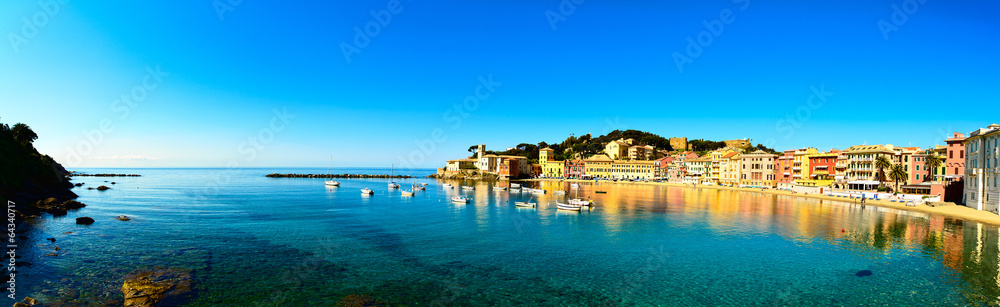 Sestri Levante, silence bay sea and beach panorama. Liguria, Ita