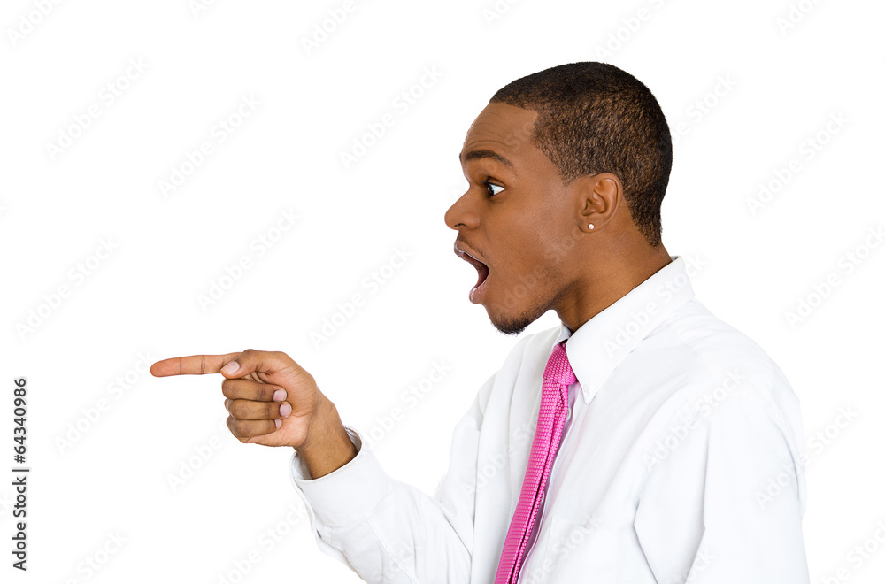 side profile portrait stunned man with opened mouth pointing side profile portrait stunned man with opened mouth pointing