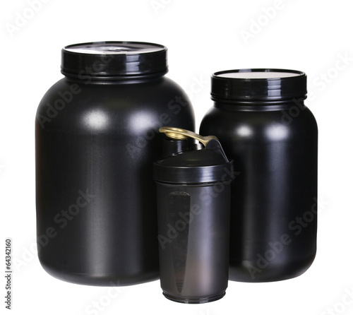 Sport Nutrition Set, Whey Protein and Gainer. Black Plastic Jars