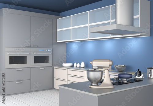 Modern kitchen interior with light blue wallpaper