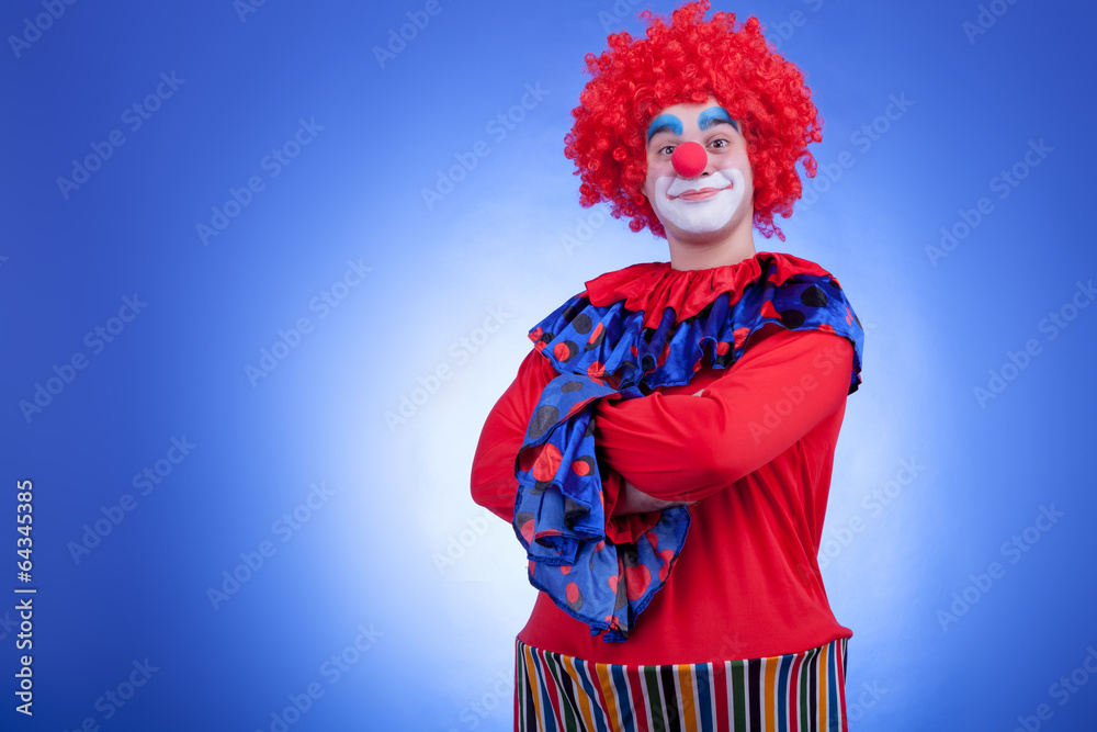 Clown men in red costume on blue background
