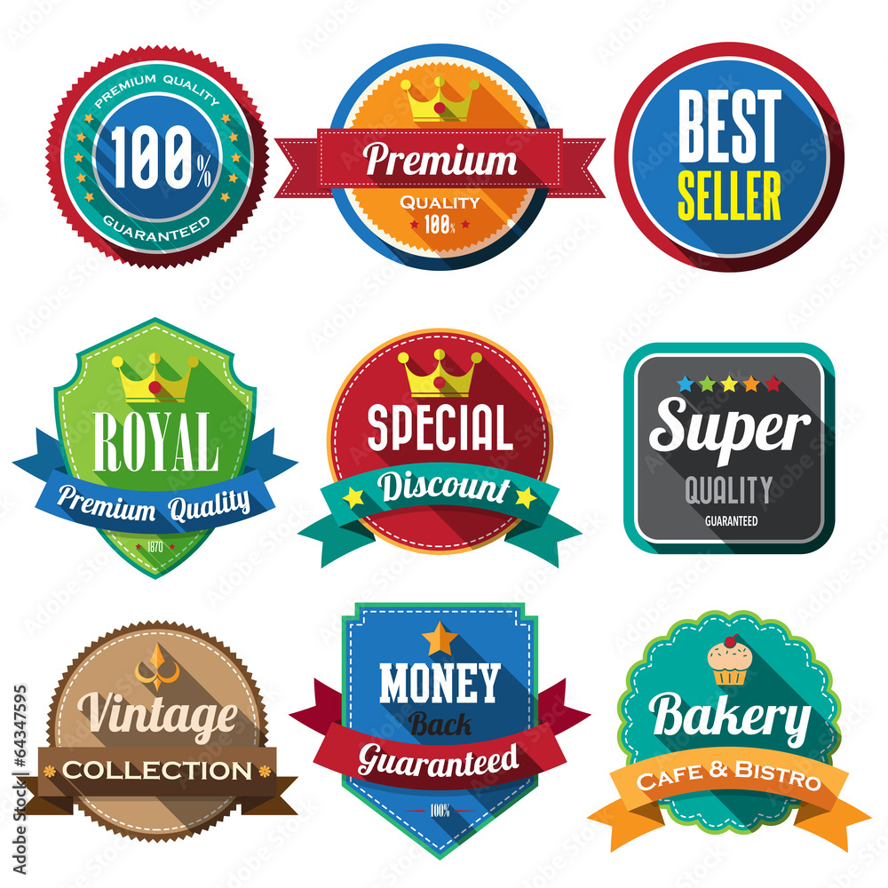 Set of retro vintage badges and labels. Flat design with long sh