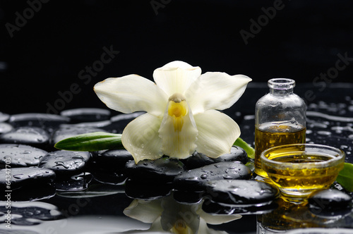 White orchid with pebbles and massage oil , on wet background
