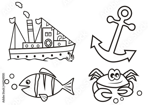 ocean - coloring book, four picture, boat, anchor fisch and crab, vector illustration,