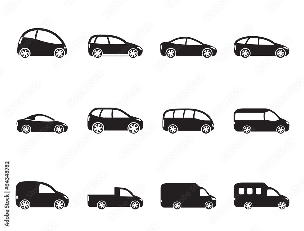 Silhouette different types of cars icons