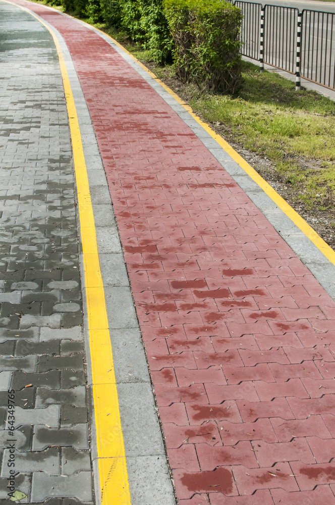 Obraz premium Marked bicycle path as part of city pedestrian zone