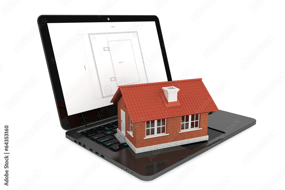 3d House over Laptop with House Project Blueprint