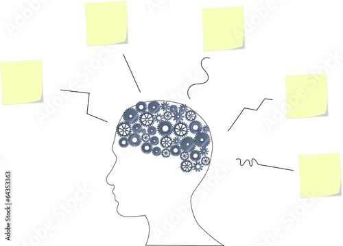 Illustration of a brain with many ideas on a stickers