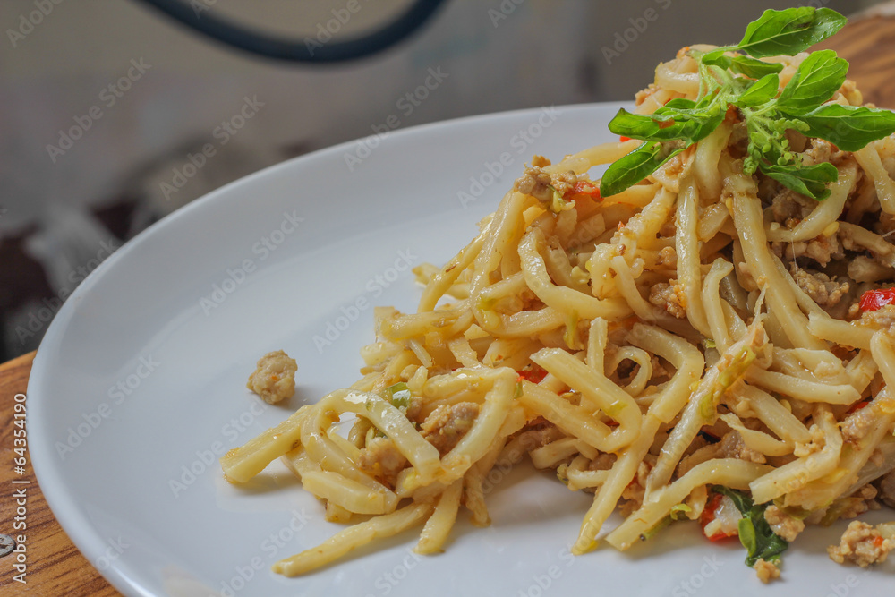 Pork fried bamboo shoots in Thailand Foods