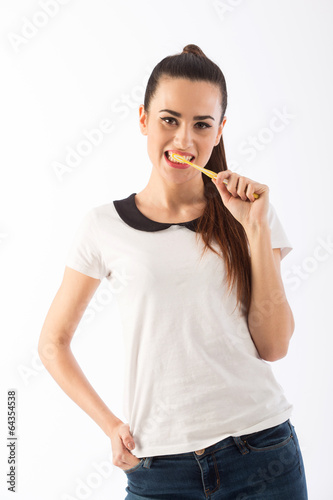 Schilderij op canvas Beautiful woman with toothbrush