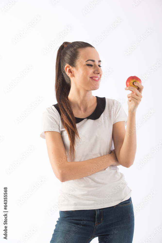 girl with apples on a white background girl with apples on a white background