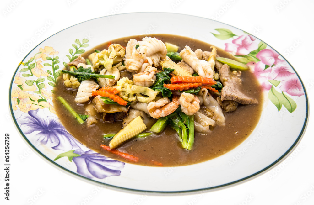 Fried noodle with pork, squid and shrimp soaked in gravy, Chines Fried noodle with pork, squid and shrimp soaked in gravy, Chines