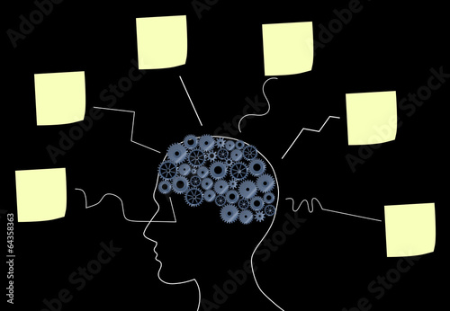 Illustration of a brain with many ideas on a stickers