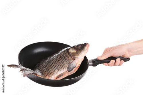 Carp fish on frying pan.