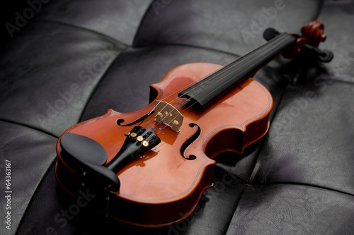 Classic old violin vintage on the leather background