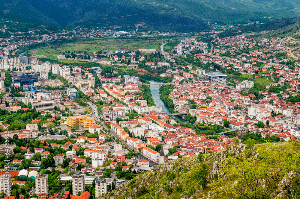 The view from high on the city of Mostar in Bosnia and Herzegovi