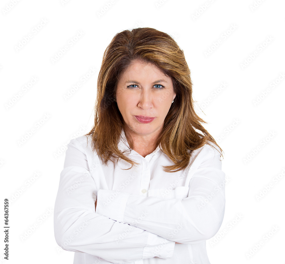 Portrait pissed off skeptical woman looking at you camera Portrait pissed off skeptical woman looking at you camera