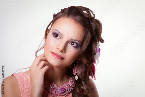 portrait of beautiful girl with spring makeup and decoration tec