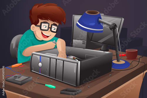 Geek repairing a computer