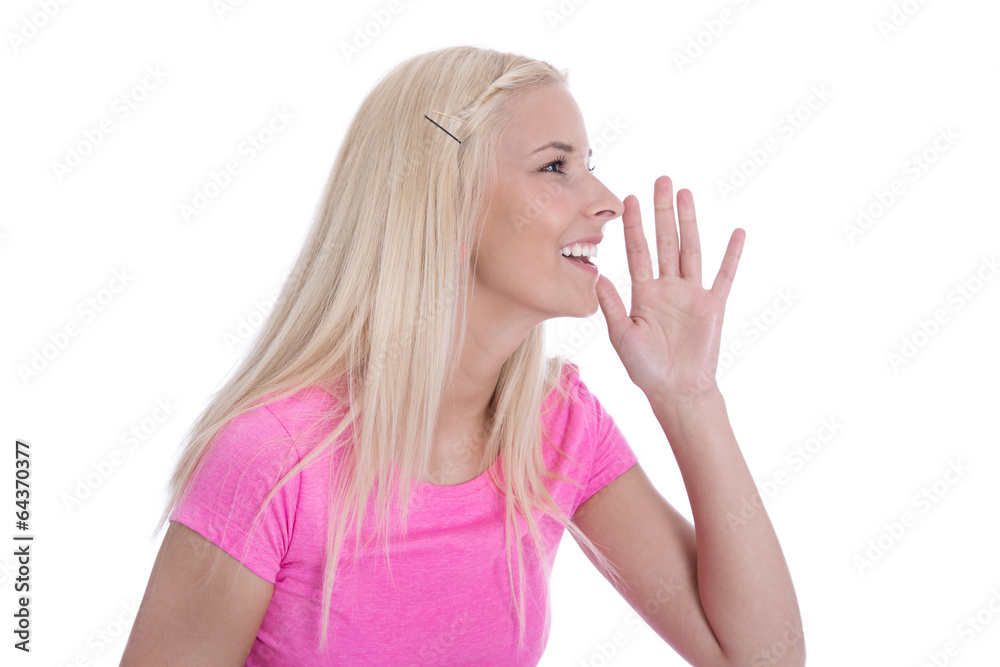 Junges blondes Mädchen macht einen Aufruf - isoliert in Pink Junges blondes Mädchen macht einen Aufruf - isoliert in Pink