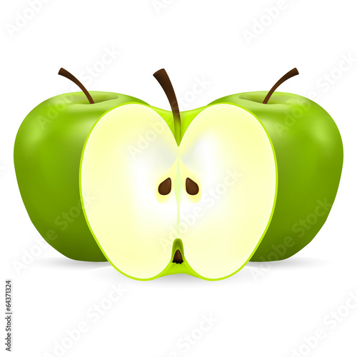 two whole and half green apples on a white background